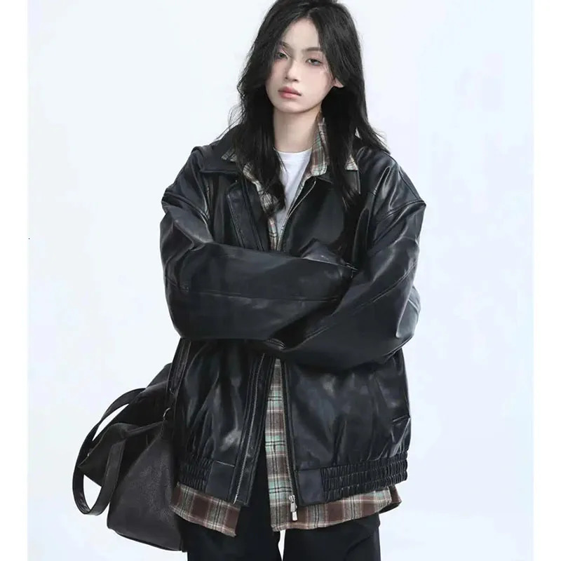 Retro Ladies Fashion Zipper Faux Leather Jacket Spring Autumn Women Long Sleeves Leather Coat 2025 Female PU Leather Outwear 260120