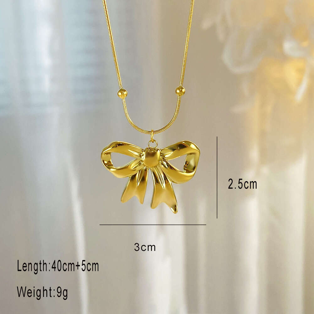 18K real gold electroplated titanium steel necklace light luxury personalized and versatile bow clavicle chain