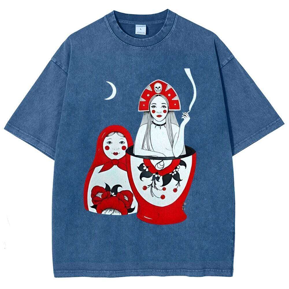 Russian Doll Pattern, Style, Y2k Graphic Tee, Women's Oversized T-Shirt, Cute Hand-Painted Bunny, Korean Style Art, Summer X260209