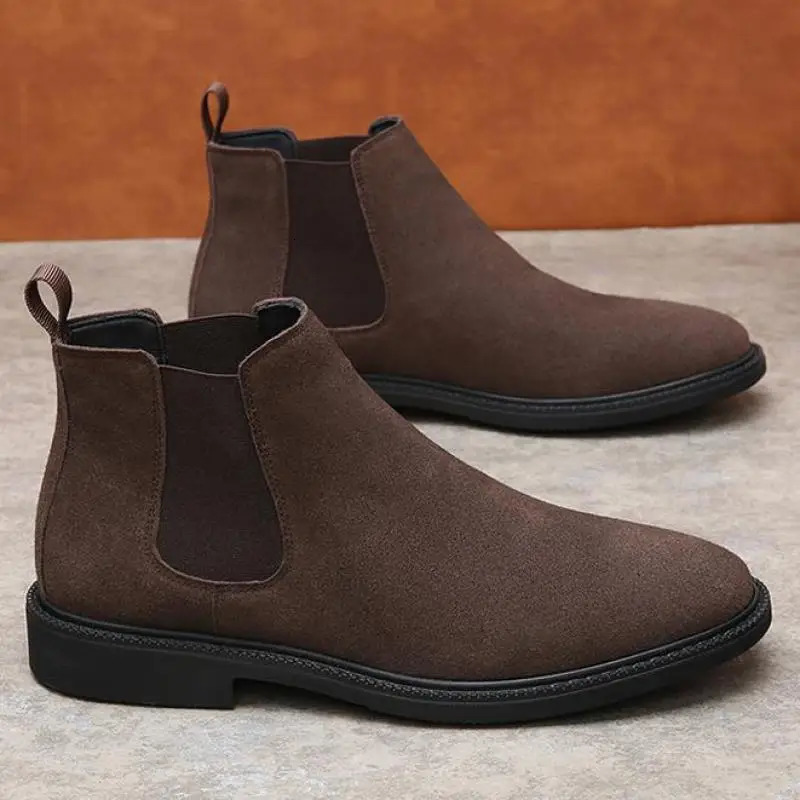 Black Suede Shoes Mens Chelsea Boots Winter Casual Genuine Leather Ankle Pointed Toe Short Men Hightop 260208