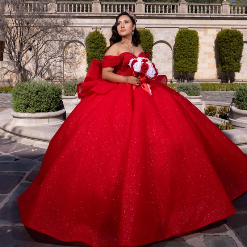 Red Shiny Quinceanera Dresses Ball Gown Off The Shoulder Beading Crystal Tull Sweet 16 Dress Vestidos 15 De Anos