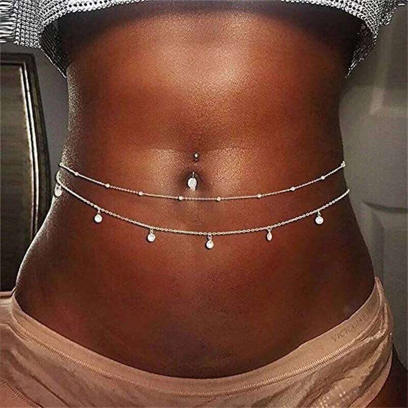 Sexy Fashion Tassel Rhinestone For Women Double Layer Metal Beach Vacation Belly Link Chains Waist Body Jewelry X260209