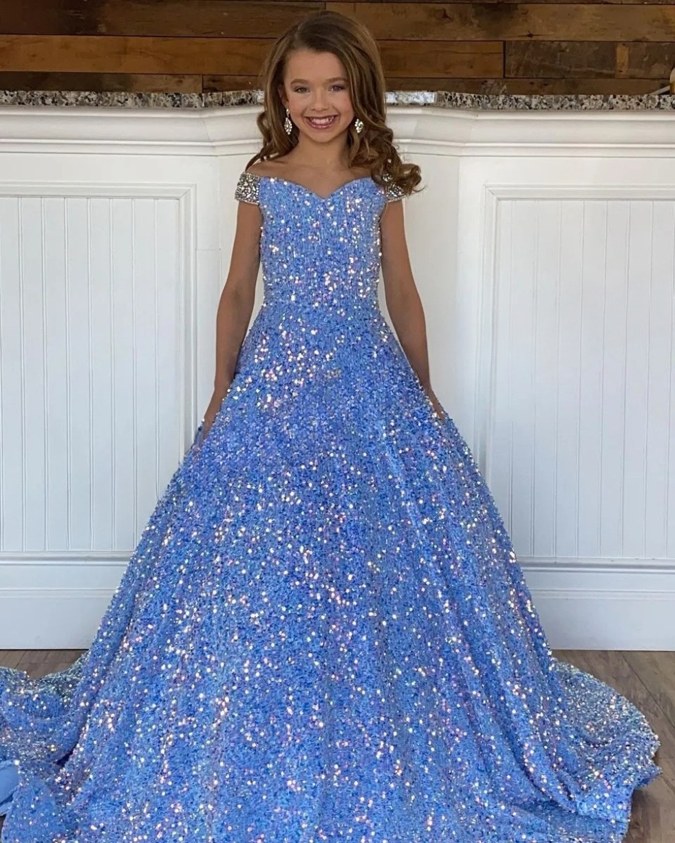 Iridescent Girl Pageant Dress Velvet Sequin Beading Off-Shoulder little Kid Birthday Formal Party Gown A-Line Toddler Teens Preteen Floor-Length Pink 