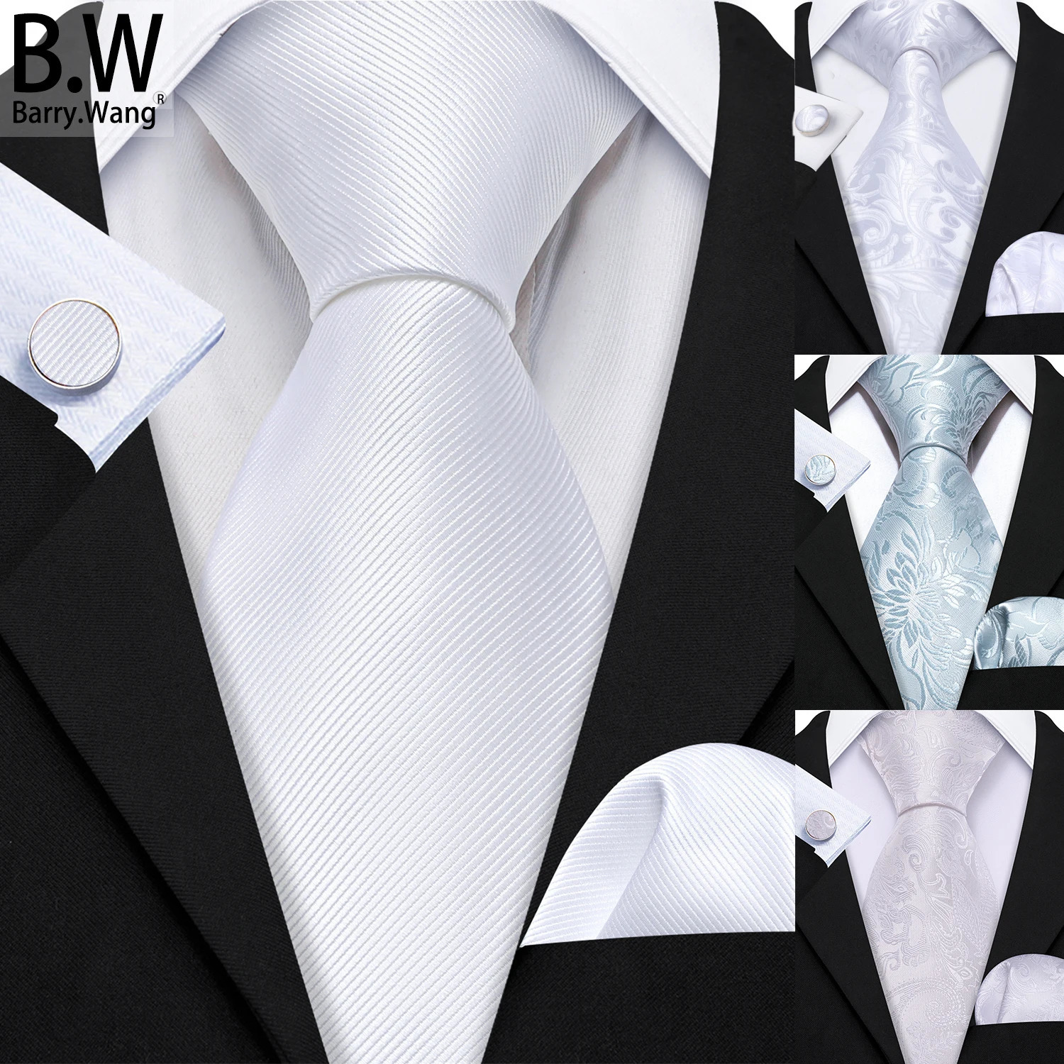 Silver White Silk Men Tie Handkerchief Cufflinks Set Jacquard Solid Paisley Floral Necktie For Male Wedding Business BarryWang 260208