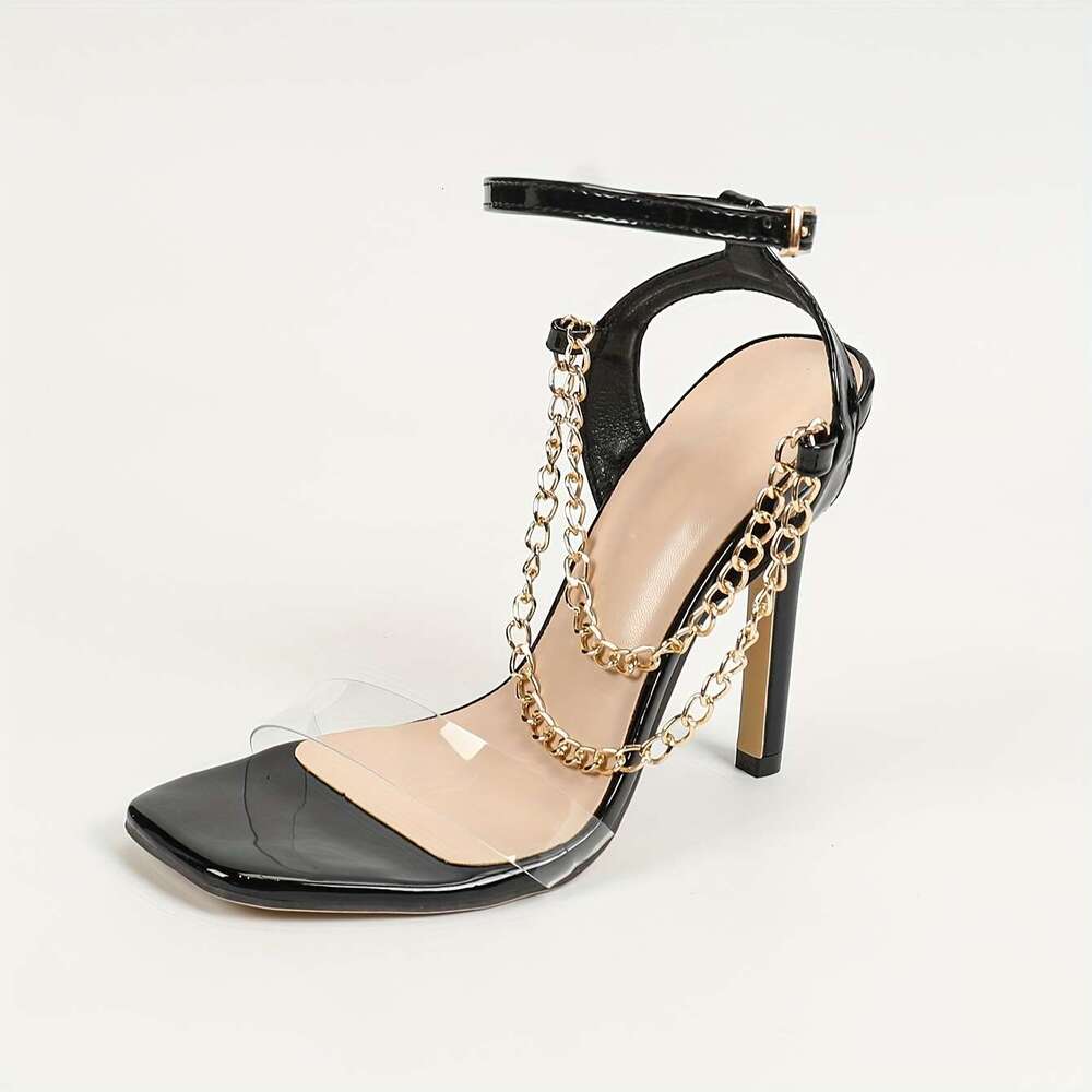 Women S Square Toe Transparent Glass Single Strap Metal Chain Ankle Strap Stiletto Sandals Sexy Fashion Party Elegant Black High Heels Women Shoes MOJ