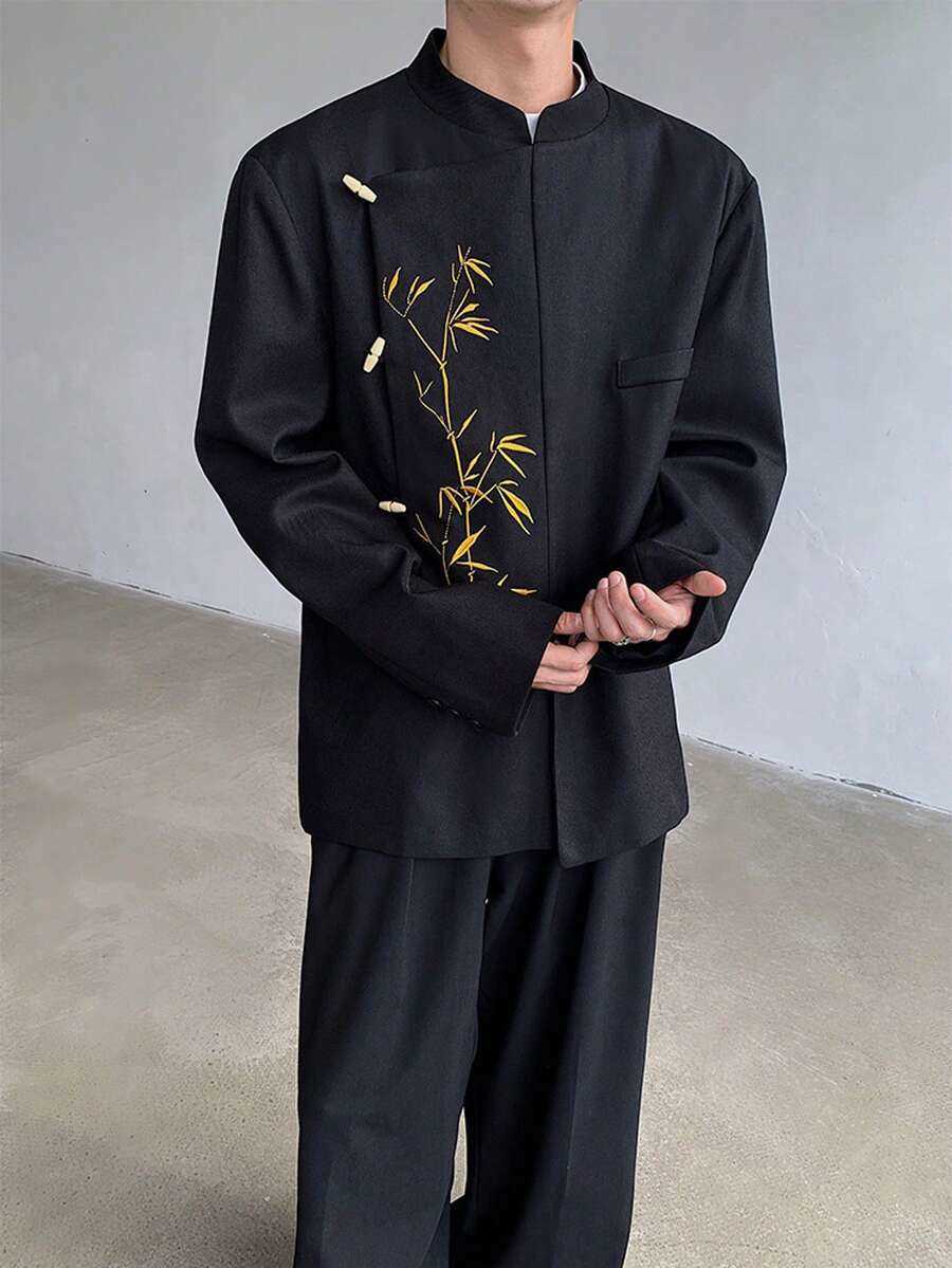 New Chinese Style Mens Black Gold Bamboo Embroidered Suit Jacket With Spring And Autumn High-End Fl Zhongshan Suit Jacket C260209