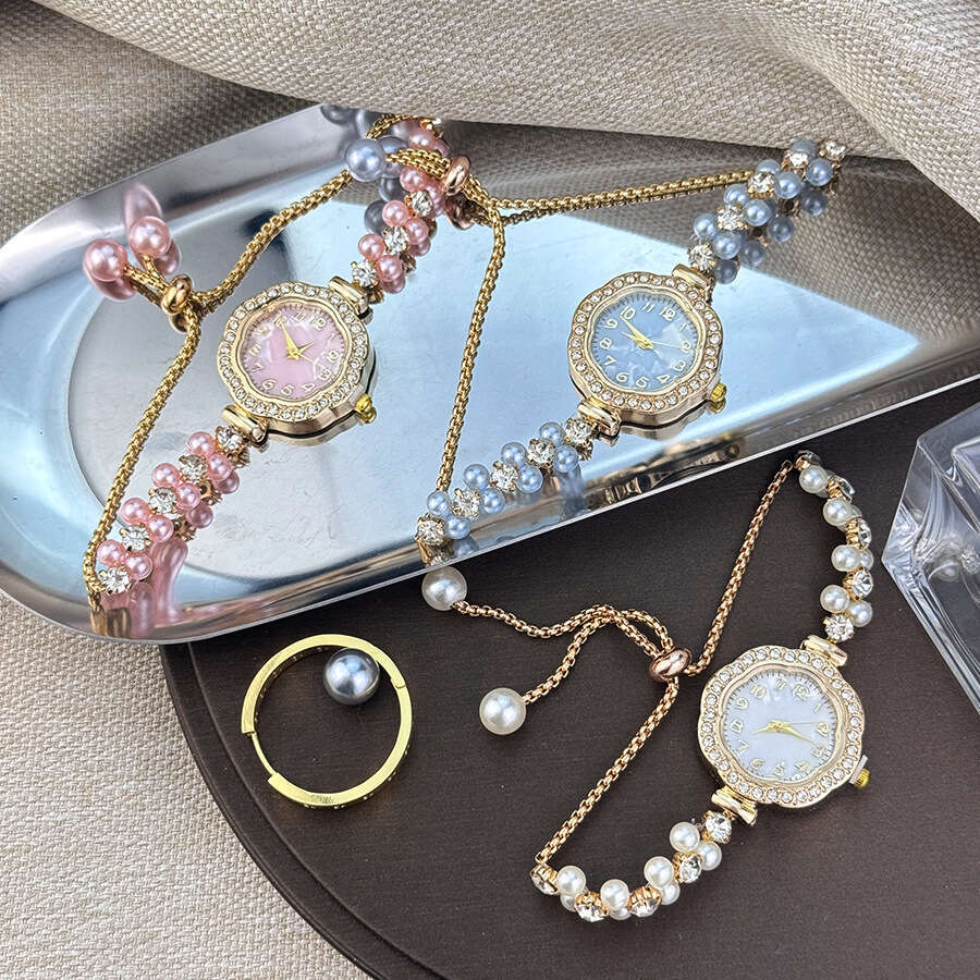 New Trendy Pearl-studded Sunflower Dial Watch With A Compact Design Thin Strap Double Row Of Pearls And Pull-out Digital Display
