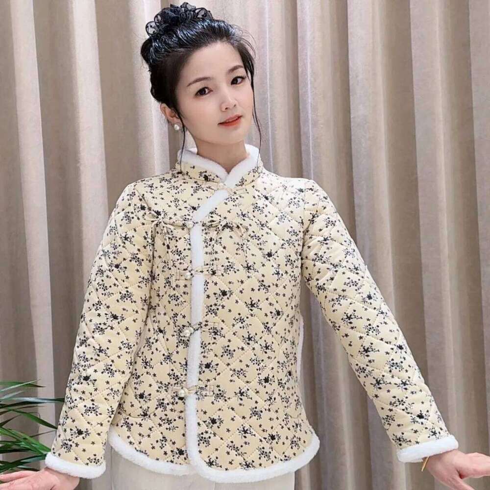 Mardi Hefxessdr Chinese New Year Cotton for College Girls National Style Floral Padded Jacket Plush Lined Thickened Winter Coat