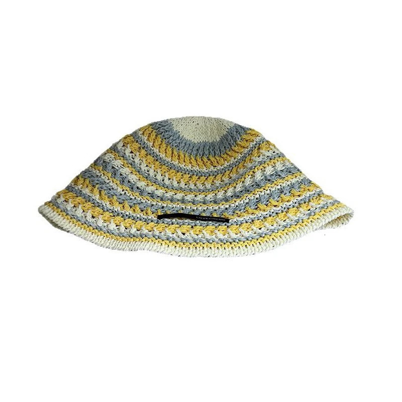 Ladies BucketHat Korean Knitted Striped Verstaile Hollow Breathable Bucket Hat Beach Vacation Sunscreen Sunshade Hats For Girl 260208