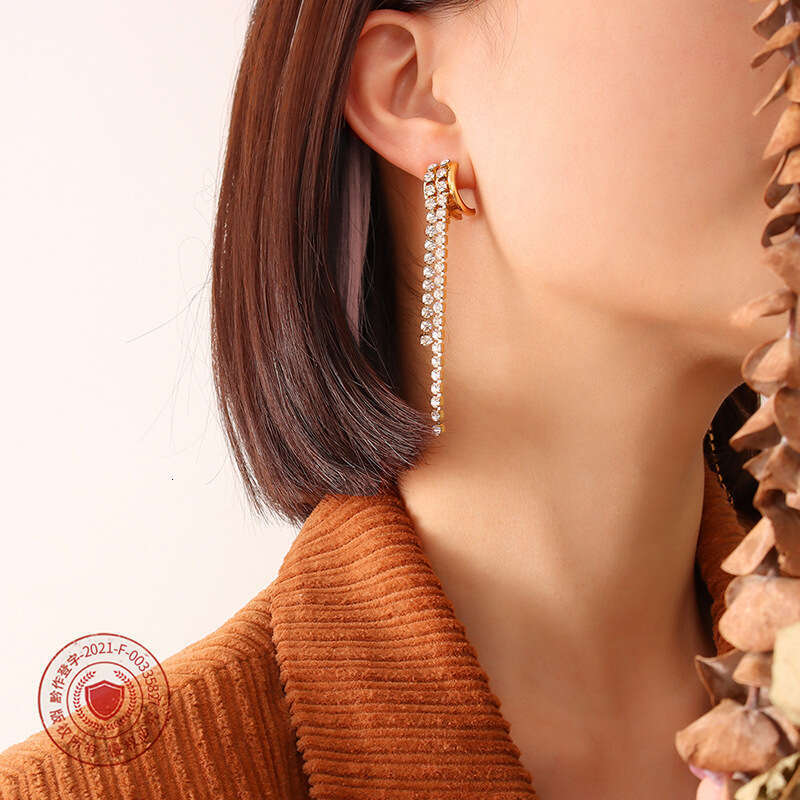 French-style Long Tassel Earrings Full Diamond Inlay, Sparkling Earrings, Elegant Titanium Steel Plated With 18k Gold Jewelry Gift