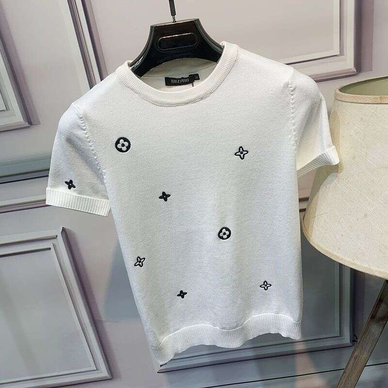 Autumn Winter New Short Round Neck Rhinestone Sweater Fashion Trend T-Shirt Slim Fit Knitted Men's Half Sleeve Base Shirt