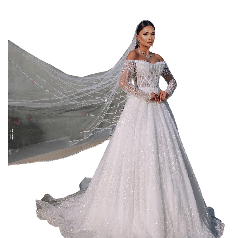 Sparkly Off Shoulder Wedding Dresses Sequins Pearls Bridal Gowns A Line Beading Princess Long Sleeves Customized Vestidos De Novia Plus Size
