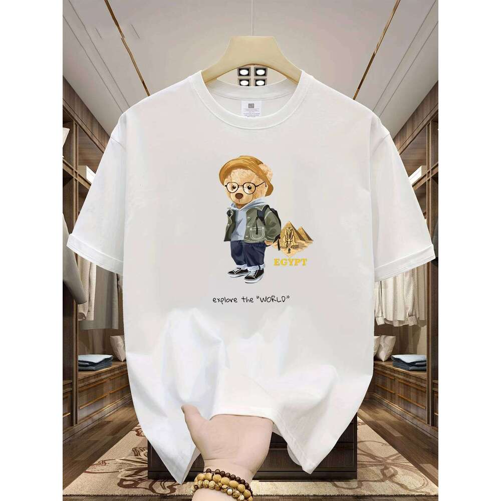Men's Summer 100% Cotton Fashion Leisure Sports Loose Travel Bear Cartoon Pattern Printed Round Neck Short Sleeve T-shirt Top X260209