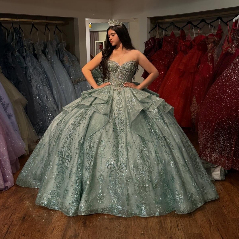Light Green Shiny Quinceanera Dresses Ball Gown Off The Shoulder Sequin Applique Lace Beading Crystal Bow Tull Sweet 16 Dress Vestidos 15 De Anos