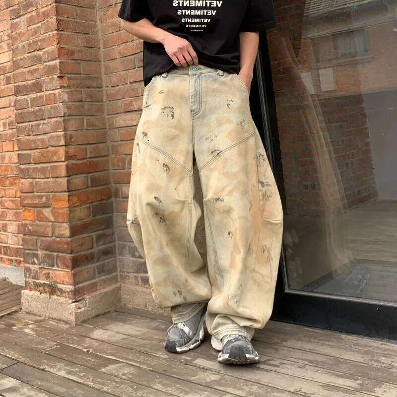 2026 Spring American Style Men's Curved-knife Jeans Pleated Design Casual Contrast Color Splash-ink Wide Leg Male Denim Pants