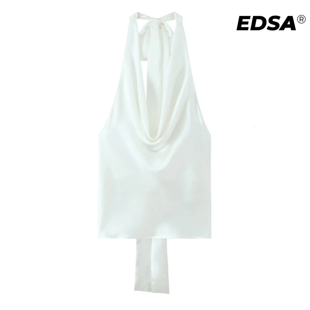 EDSA Women Satin Halter Top with Adjustable Tie Sleeveless Open Back Solid Collar Vest Summer Beach Style Casual Blouse 250203