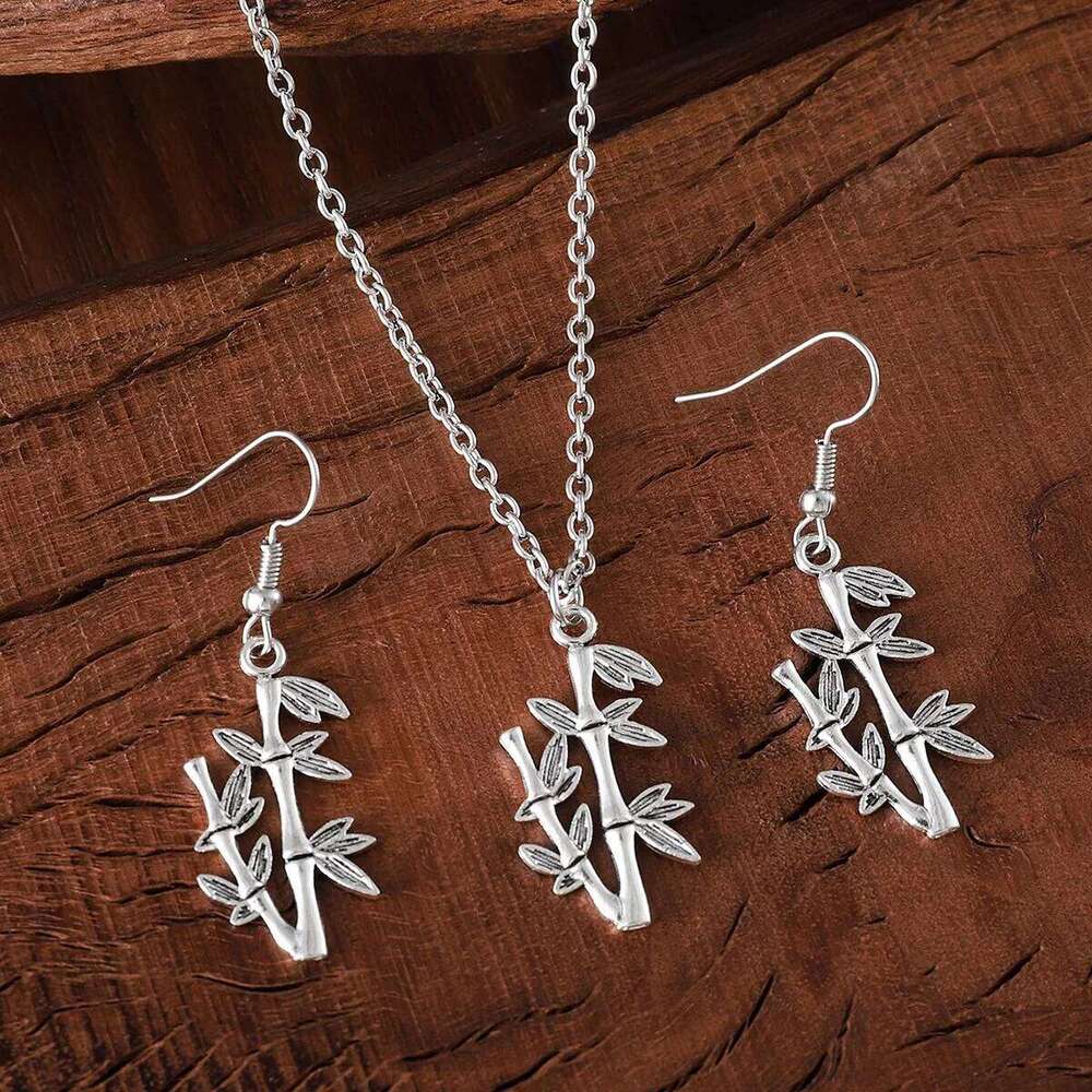 Earrings and Necklace Chinese Retro Bamboo Branch Leaf Pendant Gold Plated for Cultural Festival and Daily Wear Jewellery Gift High Quality Texture