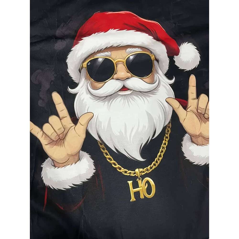 Cool Santa Rock On Graphic Tee Men's Summer Casual Round Neck Short Sleeve T-Shirt Festive Hip Hop Style X260209