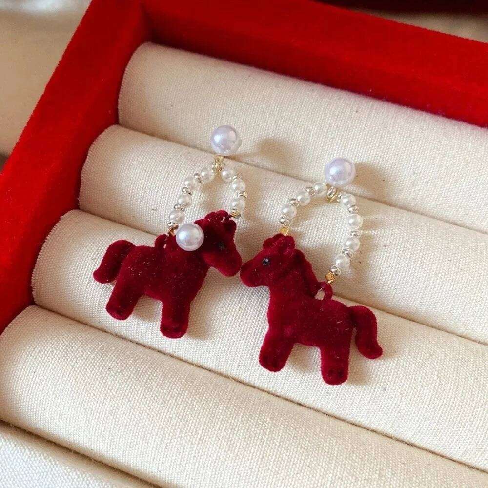 Earrings Cartoon Chinese New Year Style Flocked Horse Mascot with Red Pony and Pearl Drop for Festival Party Jewellery Gift High Quality Texture