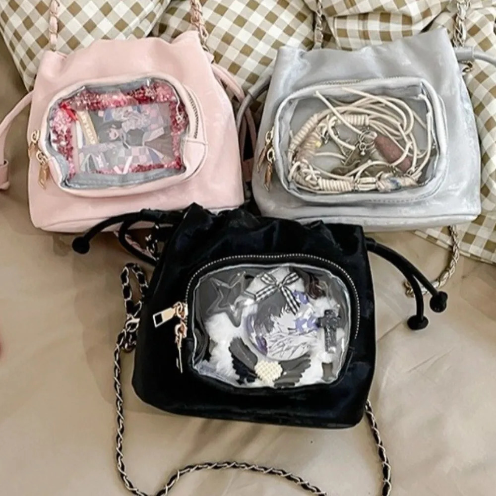 Cute Handbag Transparent Pocket Itabag Shoulder Bag Purse Drawstring Bucket Solid Color Korean Style Crossbody Student 260208