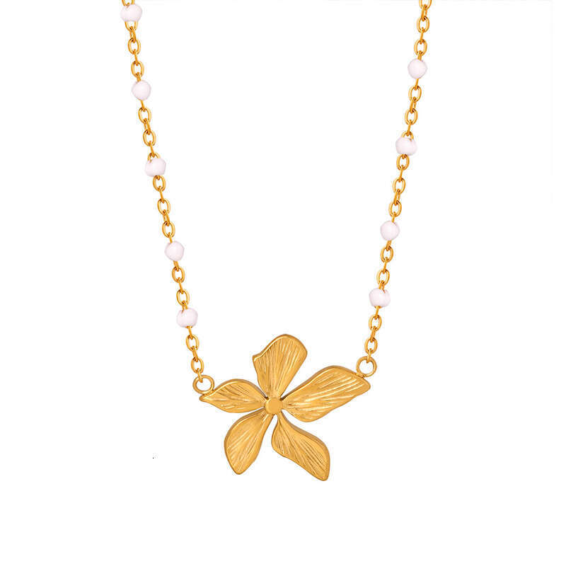 18k Gold Plated Titanium Steel PVD Vacuum Gold Plated Flower Shape Pendant Personality Oil Dripping French Style Elegant Collarbone Necklace for Women