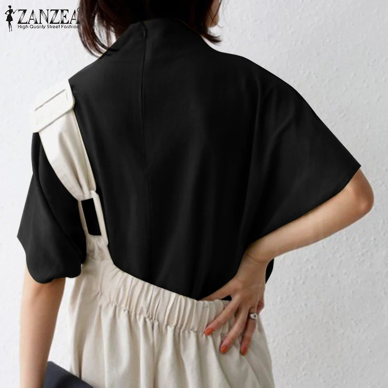 ZANZEA Causal Pure Cotton Blouse Summer Women Solid Turtleneck Short Sleeve Back Zipper Blusas Elegant Holiday Tops Oversized 260207