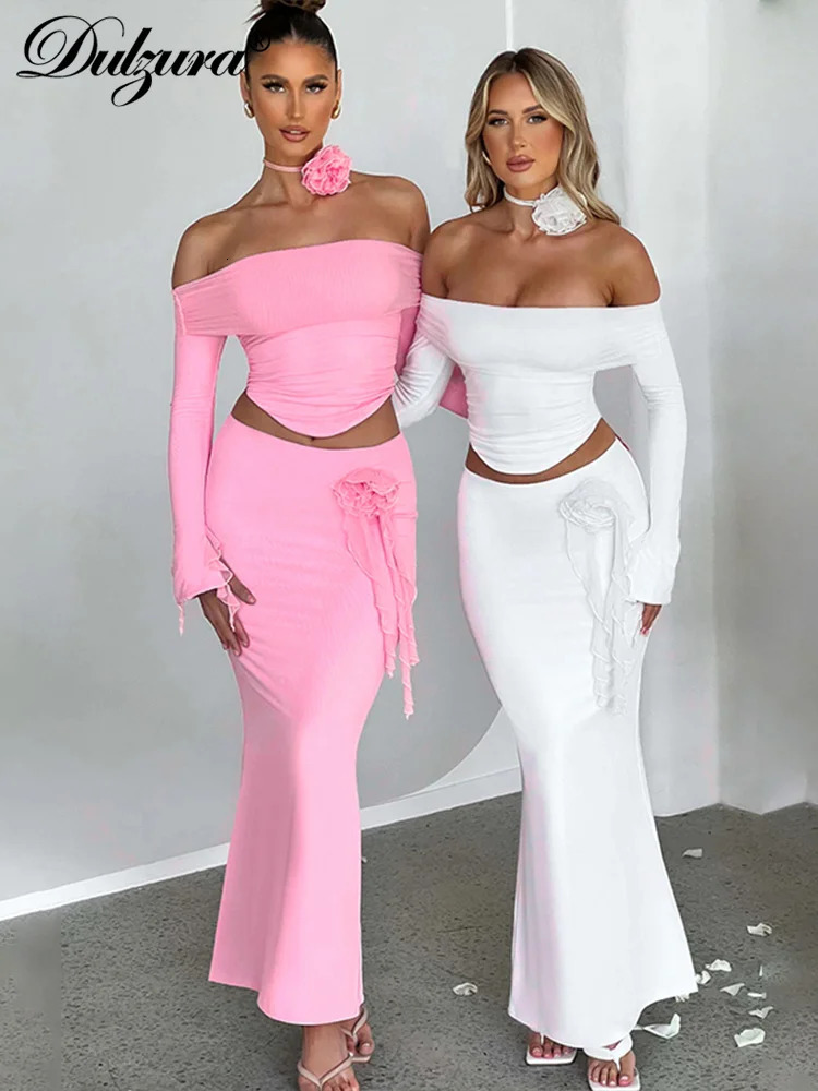 Dulzura Matching Suit Neck Accessories 3D Flower Off Shoulder Long Trumpet Sleeves Crop Top Tassel Maxi Skirt Autumn Women 260208