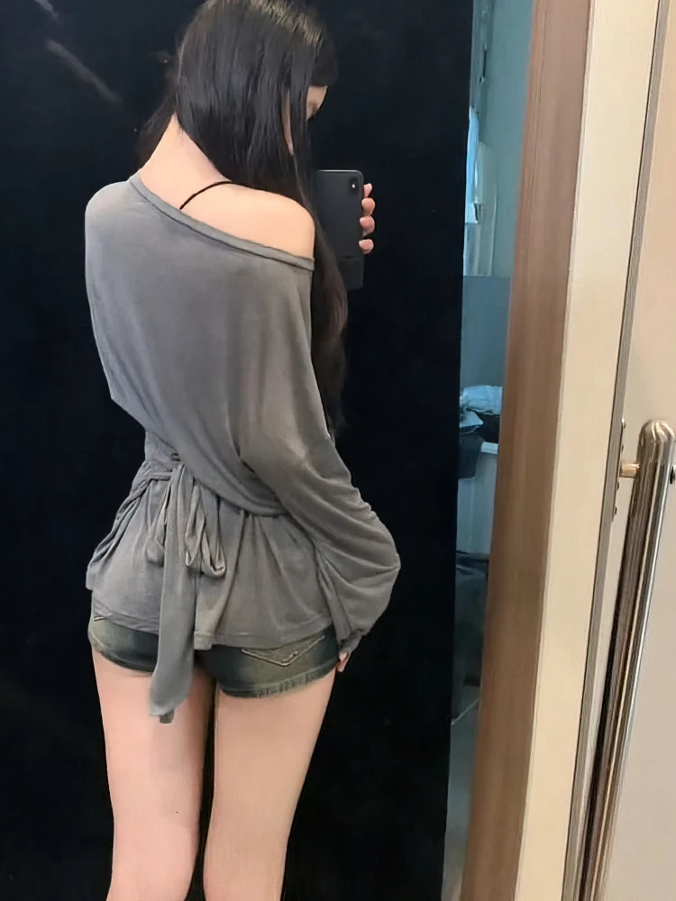 See Through Long sleeve Oversize T shirt Women Sexy Back Bandage Off shoulder Top Female Basic Long Tees Korean Chic Lady 260206