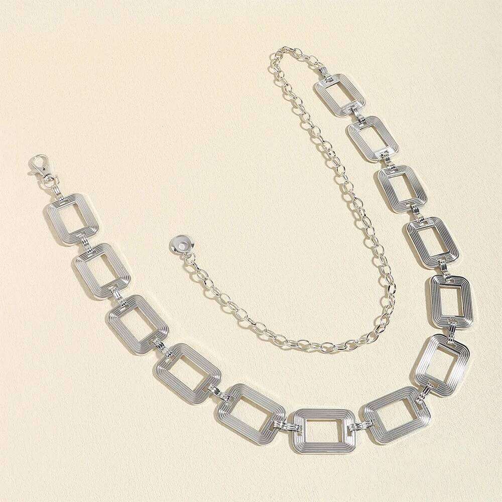 Sexy ladies high-grade personalized waist metal hollow simple texture square buckle chain with dress accessories X260209