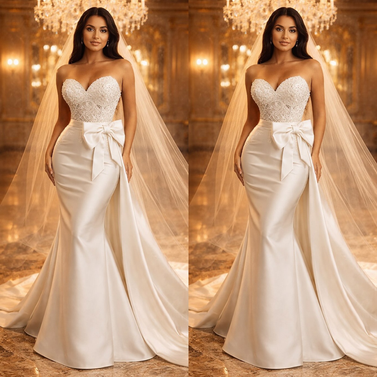 Fashion Strapless Wedding Dresses Sequins Beading Mermaid Bridal Gowns with Overskirts Bow Sleeveless Customized Vestidos De Novia Plus Size