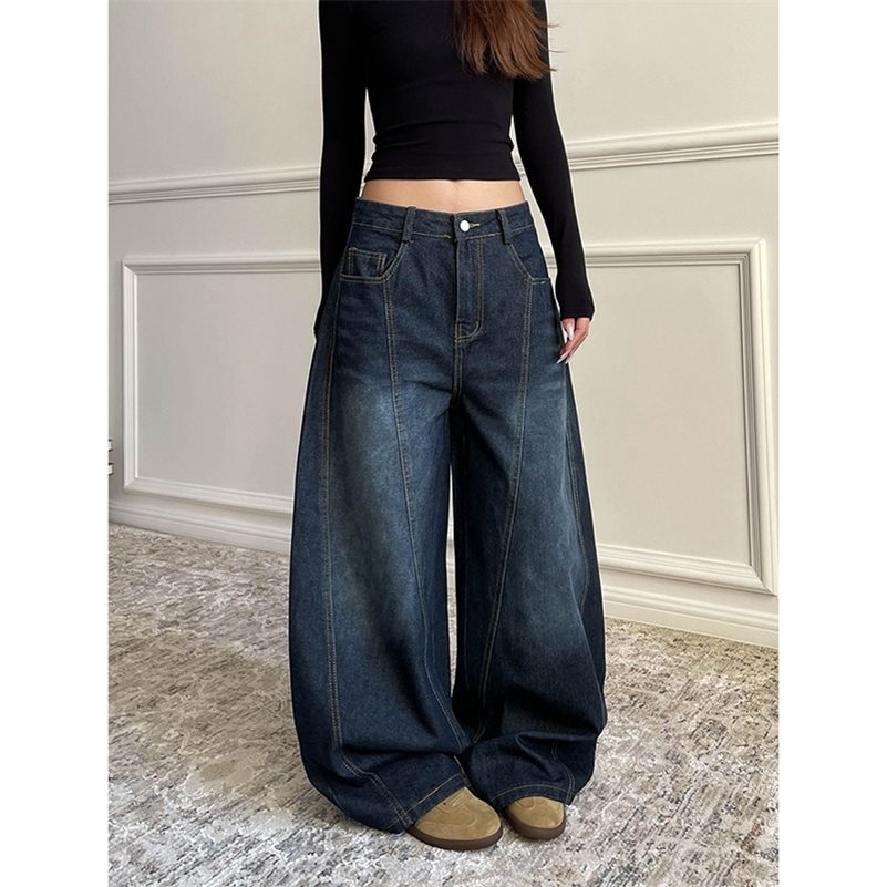 Blue Womens Retro Y2K 2000s Wide Leg Baggy Casual Denim Trouser High Waist Loose Jeans Autumn Harajuku Full Length Pants 260120