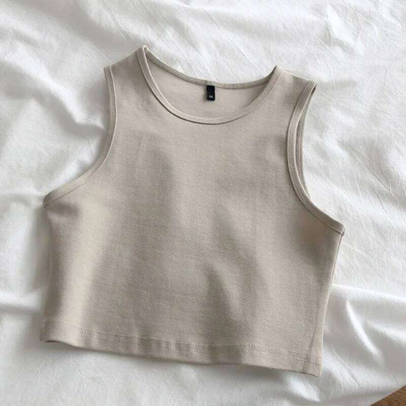 Summer new ladies retro crop high waist slimming stretch slim short sleeveless bottoming top 26Y0209