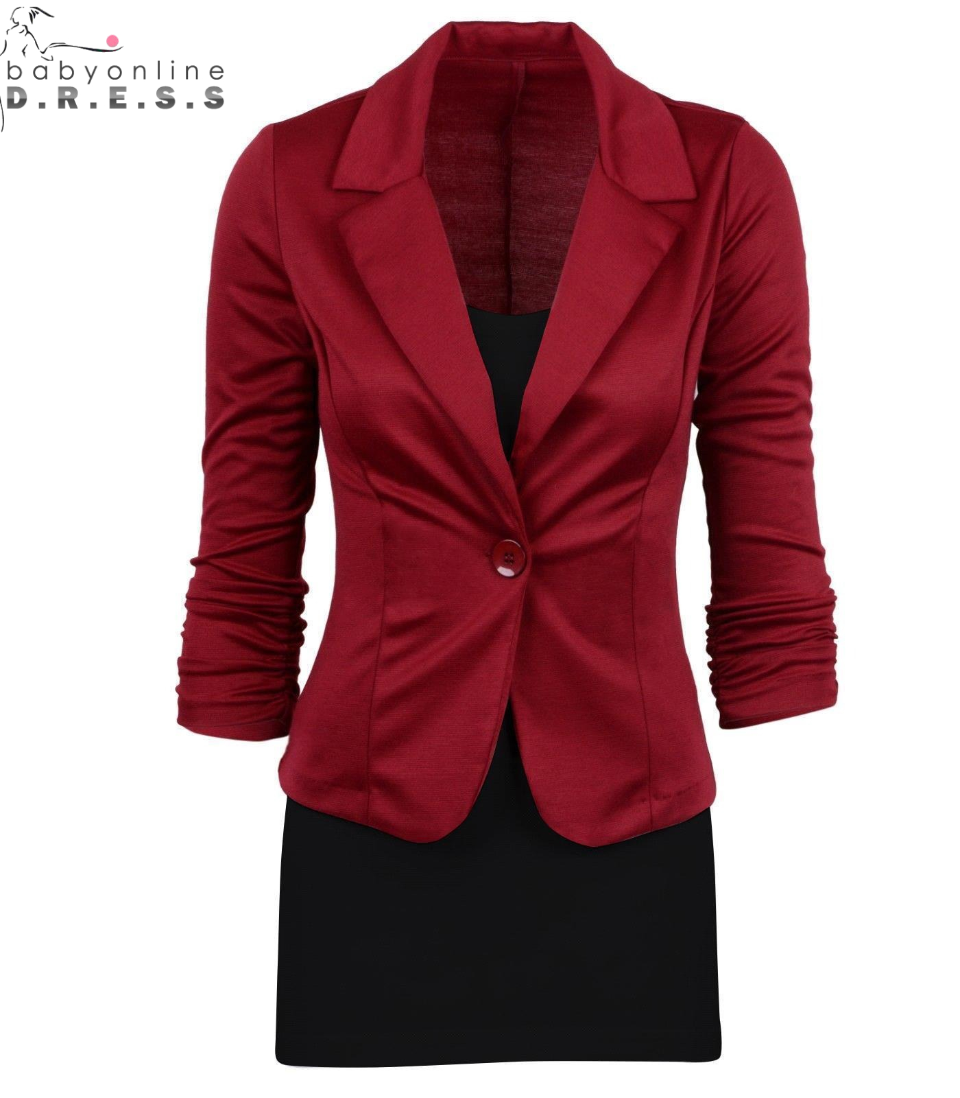 BABYONLINE D.R.E.S.S. Women's Elegant 2-Piece Office Outfit Slim-Fit Black Ruched Sleeve Blazer with Sleeveless Red Bodycon Mini Dress for Busine