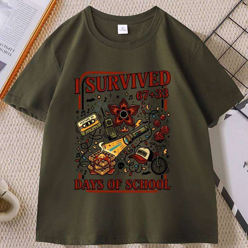 I Survived 67+33 Days of School T Shirt Funny St5 Movie T-Shirt O Neck Short Sleeve Streetwear Tshirt Loose Basic Tees X260209