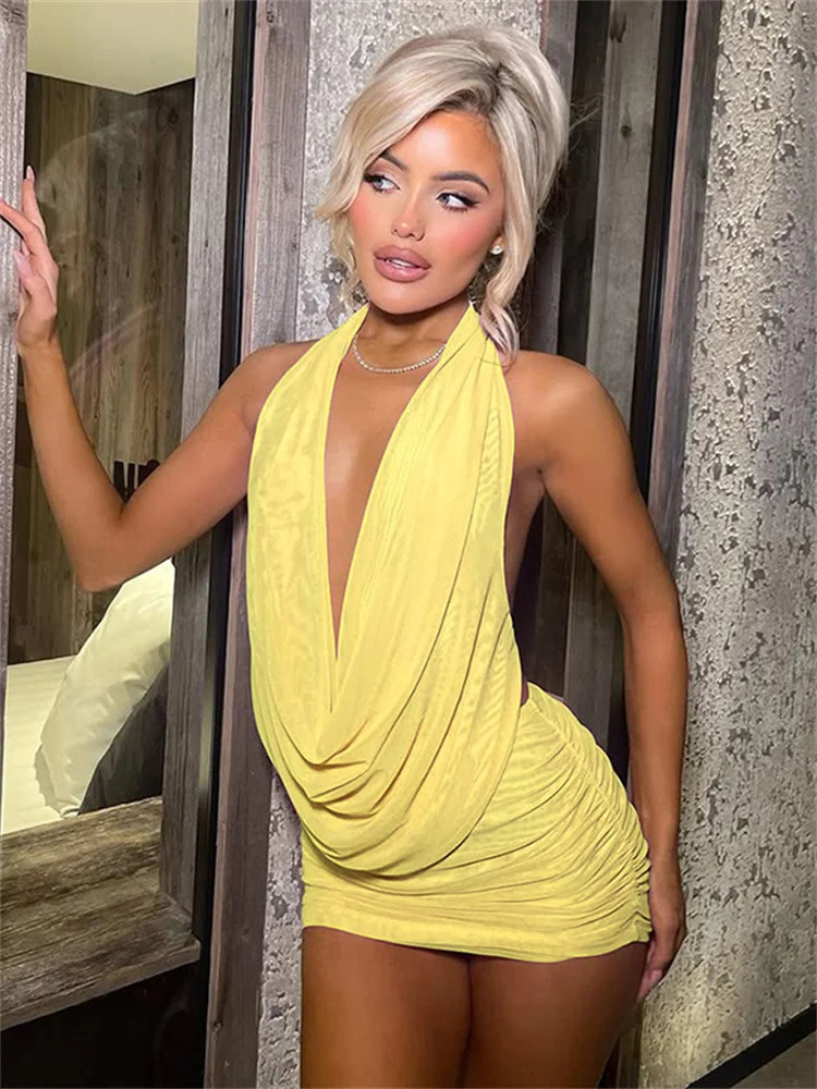 kliou Mesh Swinging Pleated Women 2 Piece Set Summer Solid Simple Halter Backless Chic TopsShirring Mini Skirts Coordinate Suit 260208