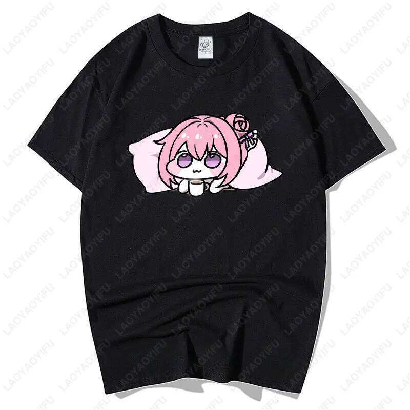 Kawaii Japan Anime Girl Cotton Tees Men Women Otaku Loungewear Pastel Pink Haired Character Drink Coffee Art Print Casual Tops X260209