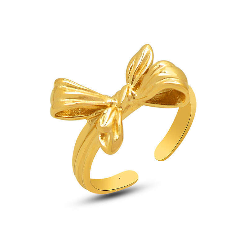 Bowknot open stainless steel vacuum electroplated 18K gold European and American ins niche index finger ring jewelry wholesale