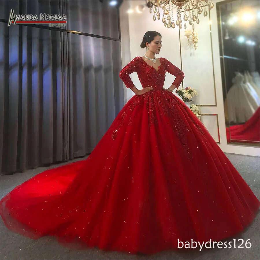 wedding with long lace sleeves bridal dress red color evenings