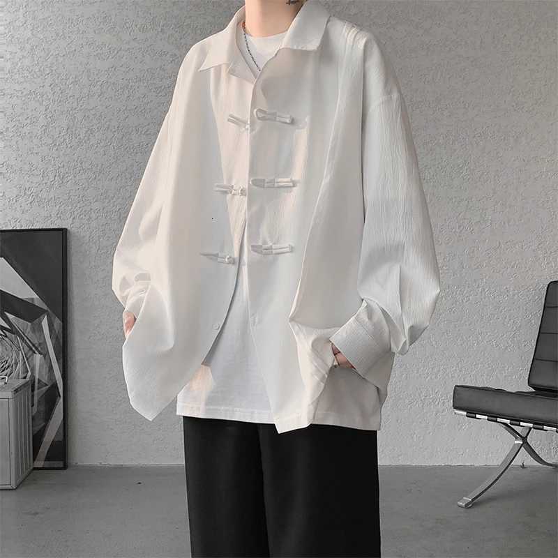 Mens Dial Buckle Solid Long Sleeve Shirt Chic Pleated Decor 2024 Spring New Loose Casual Traditional Chinese Style Clothing C260209