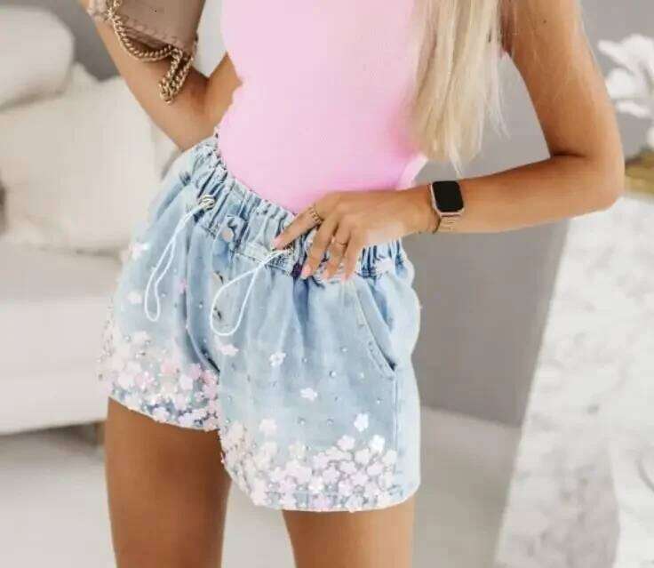 CPSYMYM Women's Summer Rhinestone Heart Pattern Drawstring Casual Pocket Design Daily Denim Shorts Streetw H260209
