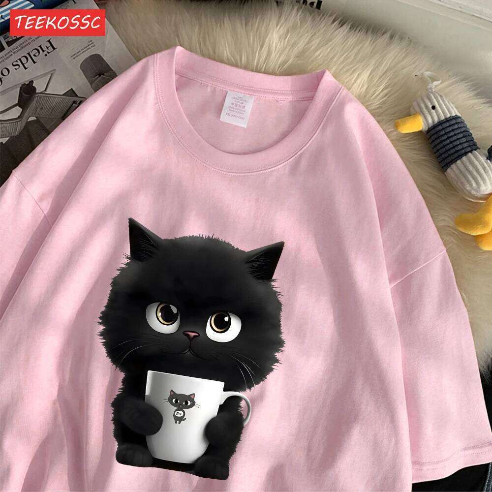 Summer Cotton Women'S T-Shirts A Kitten Holding Cup Printing Streetwear Breathable O-Neck Loose Casual Street Female Clothes X260209