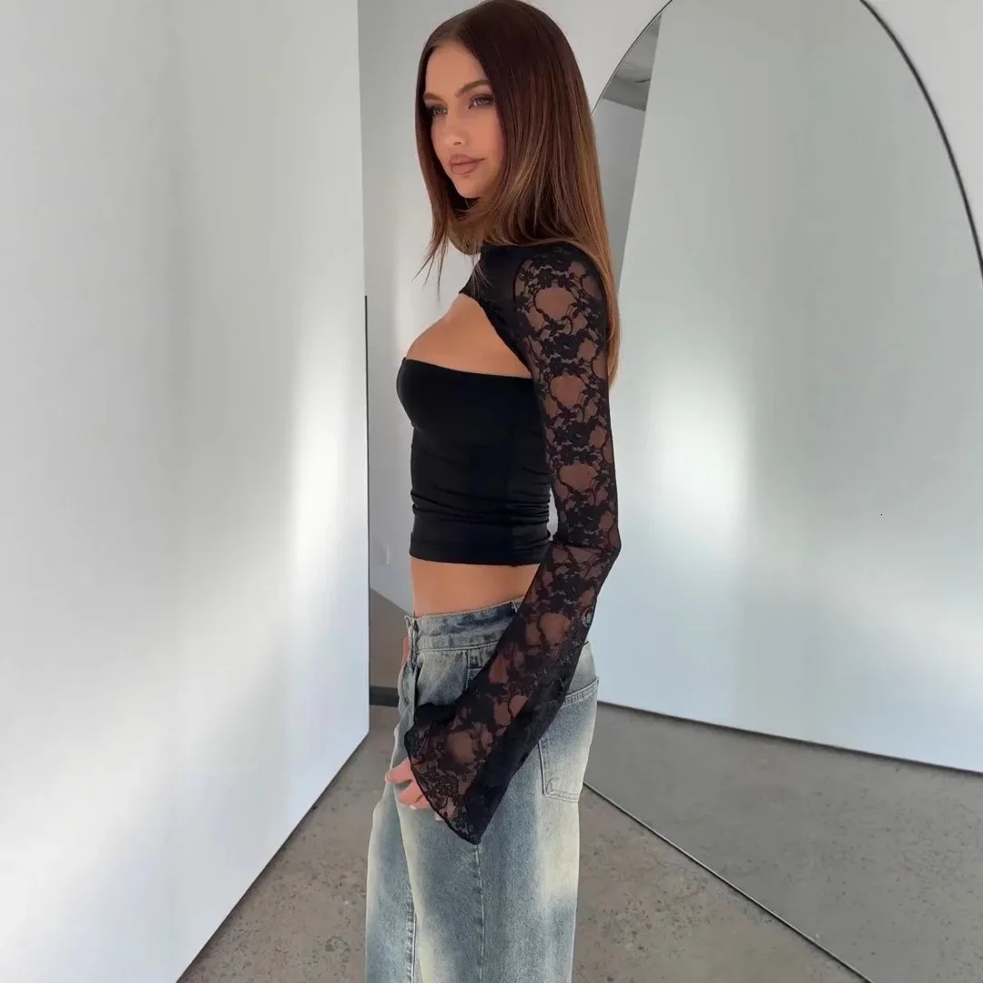 Summer Womens Lace Splice Baring Waist Top Pure Color Maturation Fit G25T145 Fashionable Chinese AE Stock 250203