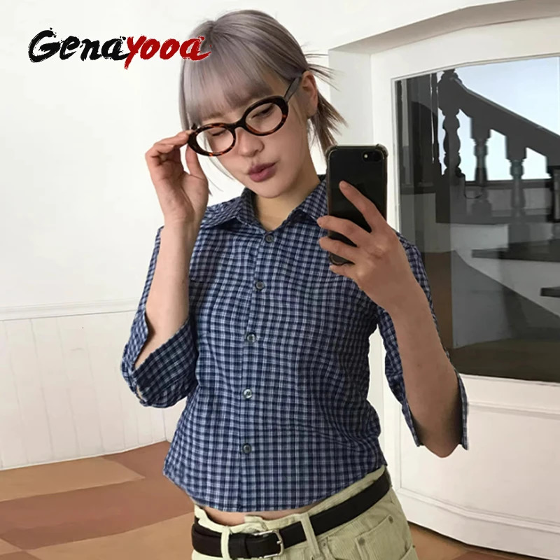 Genayooa Y2k Plaid Shirt Women Three Quarter Casual Shirt Japanese 2000s Grunge Tops Streetwear Summer Shirt Korean Style 260207