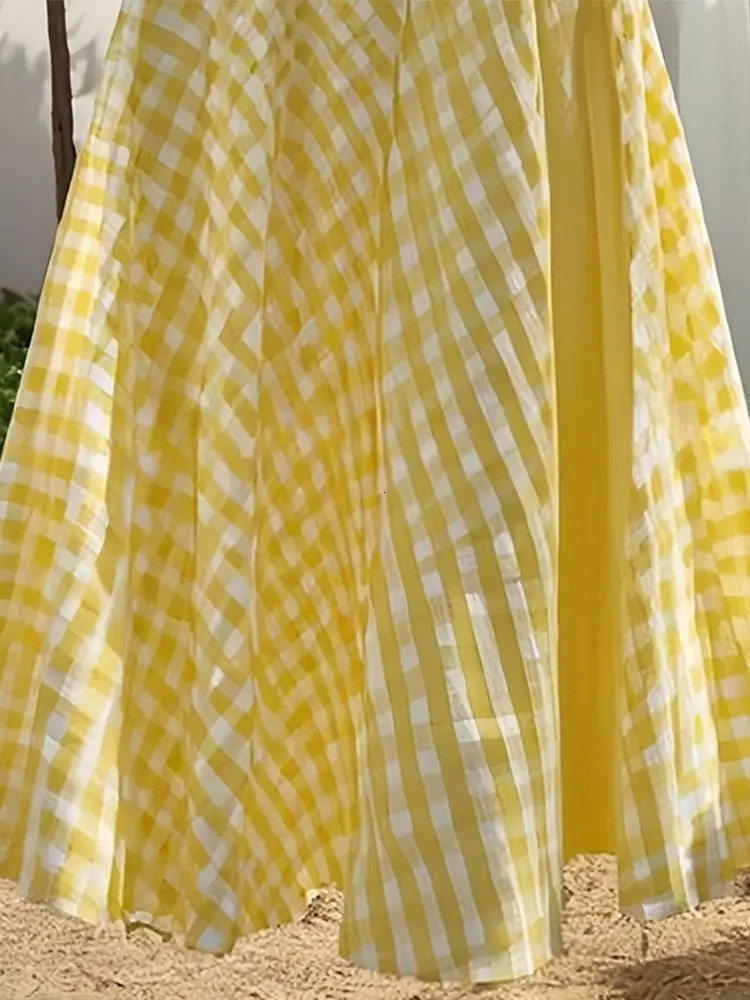 Dopamine Yellow Waist Plaid n Long Skirt for Women Fashionable Style 260126