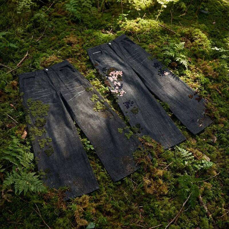 Y2K baggy Jeans Harajuku Fallen Moss Premium towel embroidery Vintage American fabric jeans Hip Hop wide leg pants streetwear