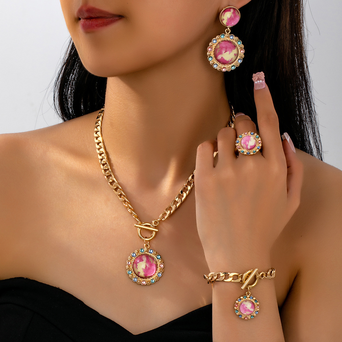 Exquisite French Fashion Style High-End Original Inlaid Colorful Acrylic Jewelry Set Suitable For Party Outfit Matching