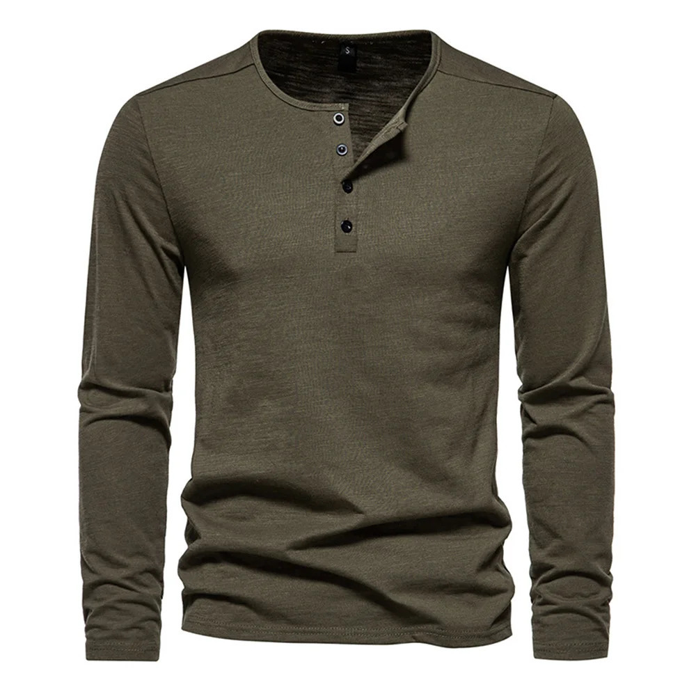 Men Long Sleeved T-shirt Cotton Slim Fit Bottoming Shirt Fitness Tops Tees Button Neck Casual Cozy Tshirt 260207