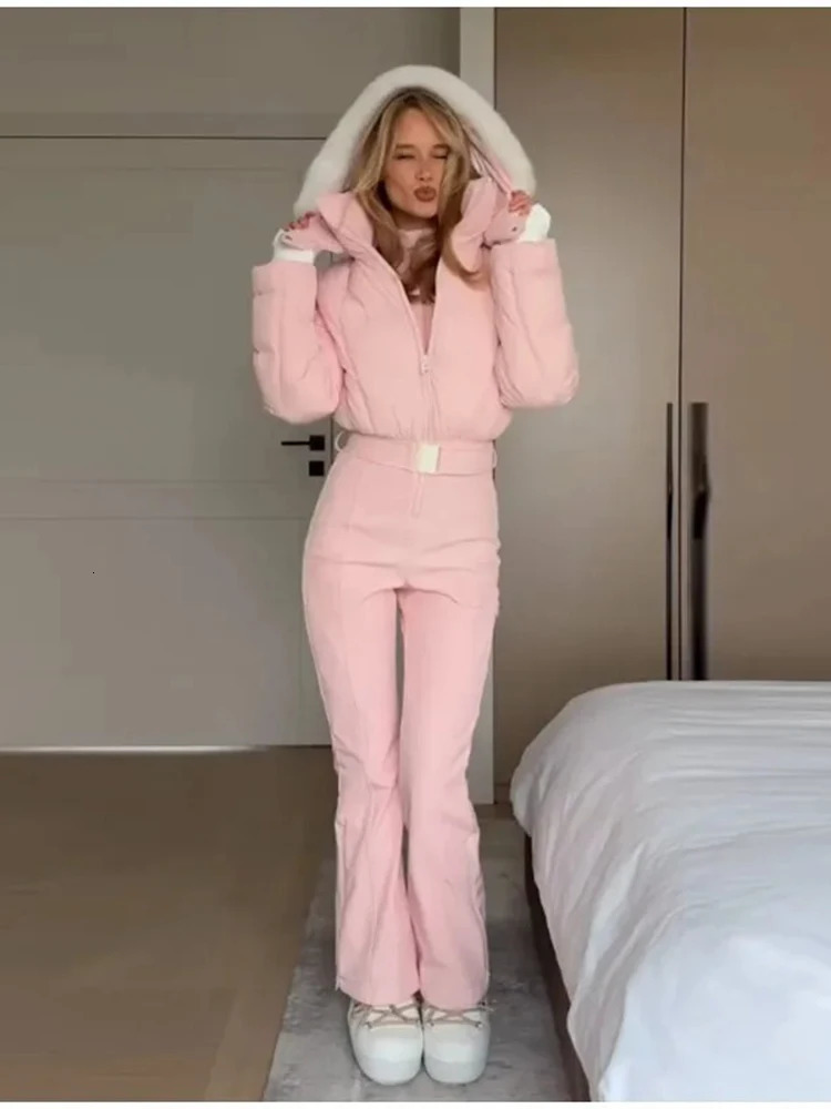 Pink Fur Collar Hooded Long Jumpsuit Women Casual Full Sleeves Stand Warm Slim Snowsuit 2026 Lady Chic Snowboard Outwear 260126