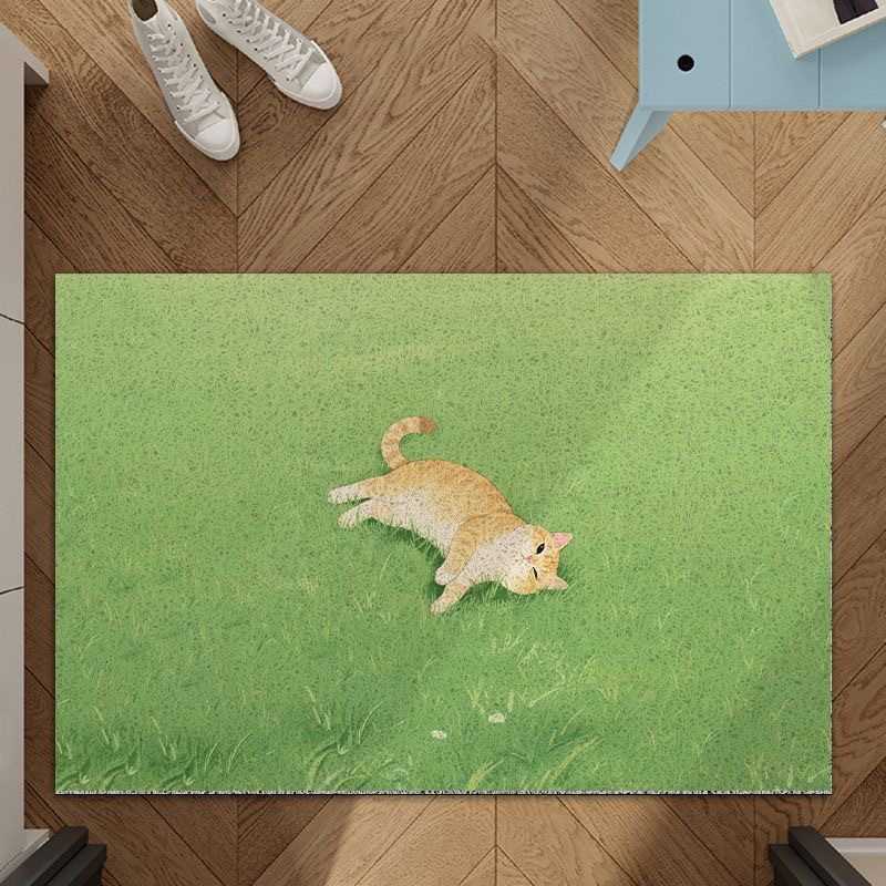 Cartoon cat entrance door mat entryway dirt-scraping floor mat household doorway anti-slip and dirt-resistant silk loop mat S260207