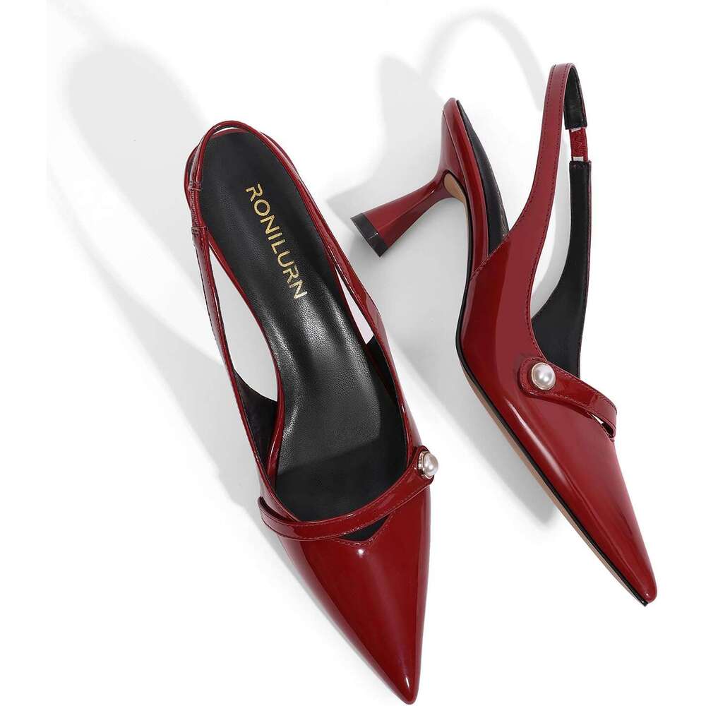 Slingback Low Heel Pumps Dress Shoes Women Closed Pointed Toe Pearl Heels For Work Wedding Bridal